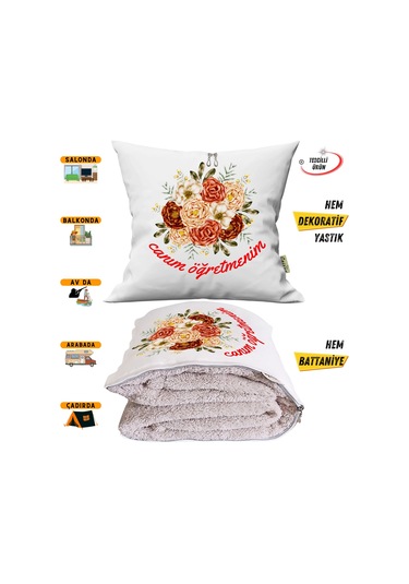 Öğretmenler Günü Hediye Çiçekler Tv Battaniyeli Opsiyonel Dekoratif Yastık Kırlent 2in1 Battaniye Çok Renkli