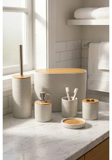 Makri Home 6 Parça Krem Banyo Seti, Bambu Detaylı, 8l Çöp Kovası 24x26x16 Cm