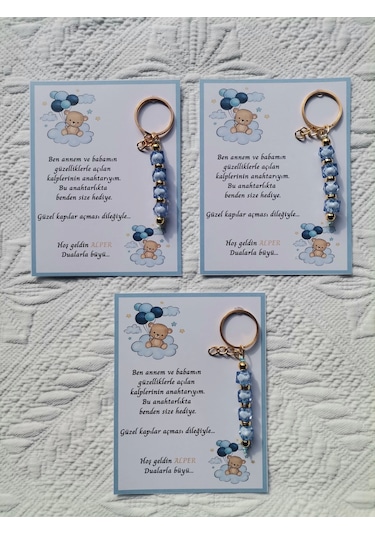 48 Adet İsme Özel Tasarım Mavi Anahtarlık Hastane Yeni Doğan 40 Mevlidi Dağıtmalık Hediyelik