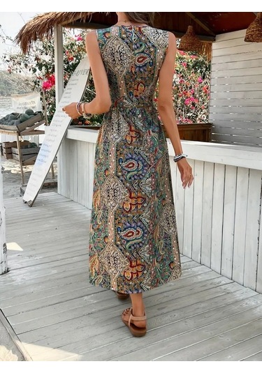 Leyla Sanat Sanata Yeni Bir Bakış Açısı Kadın Kolsuz V Yakalı Desenli Süprem Tulum Elbise Çok Renkli