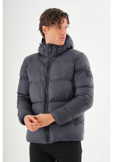 Erkek Kapüşonlu Fermuarlı Cepli Kışlık Şişme Kısa Mont Lacivert