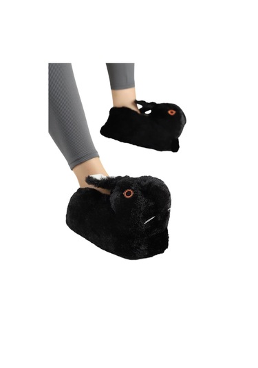 Peluş Tavşan Figürlü Kaymaz Ve Ses Yapmaz Ev Panduf Siyah-siyah Siyah