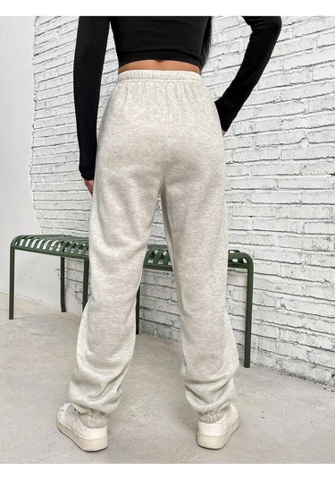 West Coast Eşofman Altı Jogger - Gri Baskılı Lastik Paça Yüksel Bel Gri