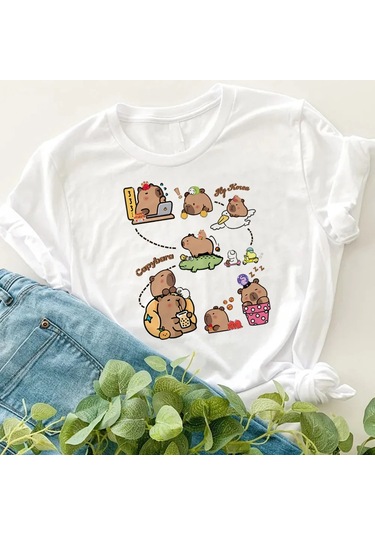 Snapbuy Kapibara Baskılı Çocuk T-shirti 3-10 Yaş Kısa Kollu Yuvarlak Yaka Doğum Günü Hediyesigökyüzü Mavierkek Gökyüzü Mavi