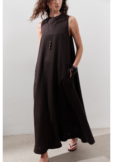 Keten Büzgülü Geniş Elbise Acı Kahve Acı Kahve