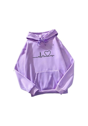 Mor Kazak Unisex Şık Kapşonlu Elastik Manşet Kalp Baskı Çift Kapşonlu Bayan Mor