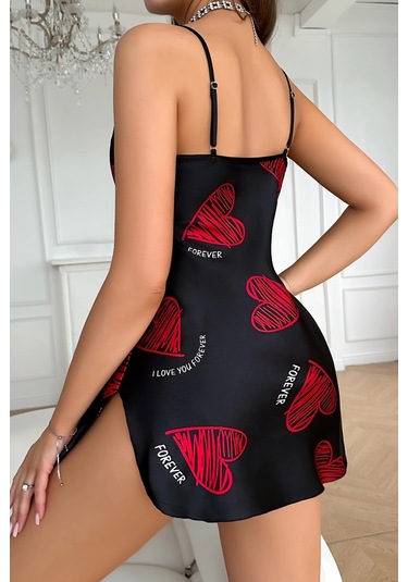 Hello Papana Hello Papana Büyük Kırmızı Kalp Desenli Siyah Saten Gecelik Çok Renkli