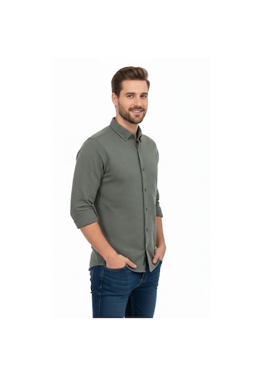 Rasstmen Erkek Spor Slim Fit Uzun Kol Petek Dokulu Gömlek Bgl-st04823 Haki