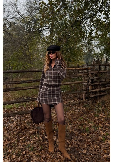 Kahverengi Ekose Gömlek Elbise - 4989 Kahverengi