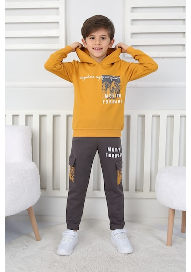 Moving Forward Kargo Cep Kapüşonlu 2 İplik Şardonlu Alt-üst Erkek Çocuk Eşofman Takımı Hardal