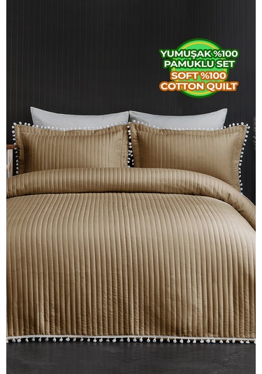 Ponponlu Çift Kişilik %100 Pamuk Yatak Örtüsü Pike Takımı Kahve