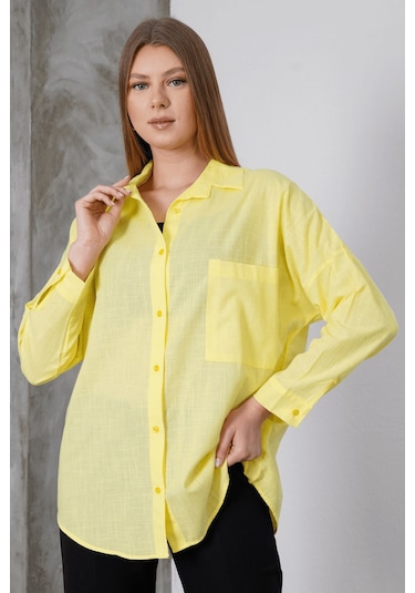 Paw Garage Kadın London Keten Tek Cepli Oversize Gömlek, Premium Kalite Keten Gömlek Sarı