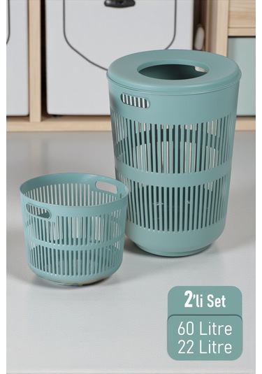 İronika Solara İkili Dekoratif Kirli Çamaşır Sepeti Seti Oyuncak Sepeti 60 - 22 Litre Yeşil Yeşil