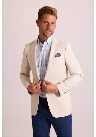 Erkek Bej Regular Fit Mono Yaka Keten Ceket 001
