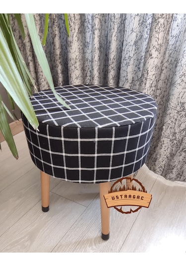 Puf Koltuk Tabure - Siyah Üstü Beyaz Örme Ekose - Ahşap Gürgen Ay