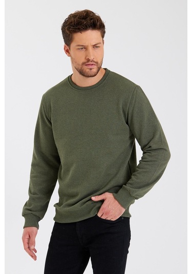 MMetalic Bisiklet Yaka Etiket Detayı İçi Pamuklu Erkek Sweatshirt Haki