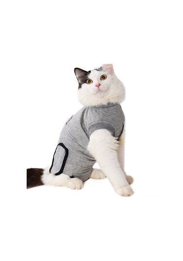 Geekyou Kedi Ameliyat Sonrası İyileşme Giysisi Pamuklu Yumuşak Soluklu Yara Koruması Tüy Yeme/ç抓lama Engeli Gri S Beden