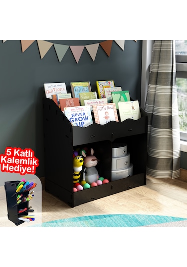 Toby Montessori Ahşap Bebek Çocuk Odası Eğitici Kitaplık Siyah