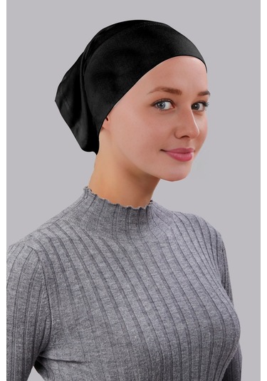 Tesettür Bone Önü Dikişsiz Hazır Pratik Geçmeli Düz Bonesi Pamuk Likralı Penye Siyah