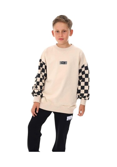 Erkek Çocuk East Coast Yazılı Kolları Dama Desenli Sweatshirt-13413-camel