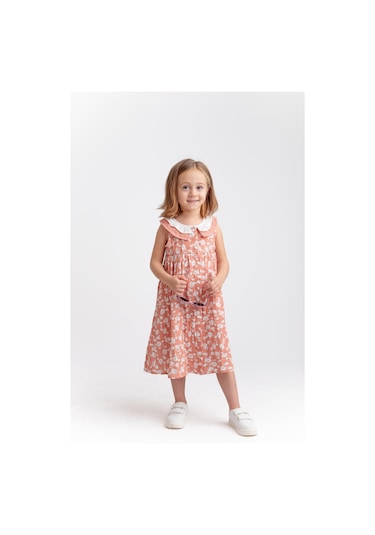 Yakası Çift Fırfırlı Çiçekli Müslin Kız Çocuk Elbise Gül Kurusu Gülkurusu