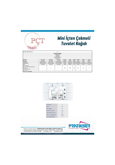 Pçt Mini İçten Çekmeli Tuvalet Kağıdı 4 KG 12 Rulo