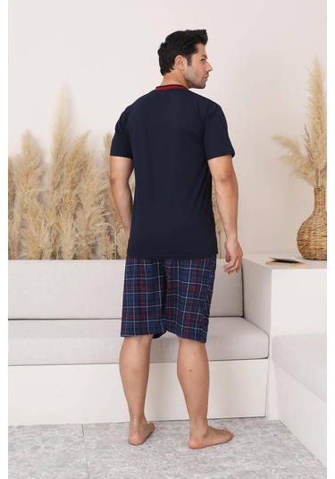 Erkek V Yaka Düğmesiz Ekose Desen Kısa Kol Cepli Şortlu %100 Pamuk Pijama Takımı Lacivert