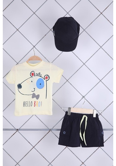 Babyhola 3'lü Tişört Keten Şort Şapka Erkek Bebek Çocuk Bayramlık Alt Üst Takım Elbise 02111 001