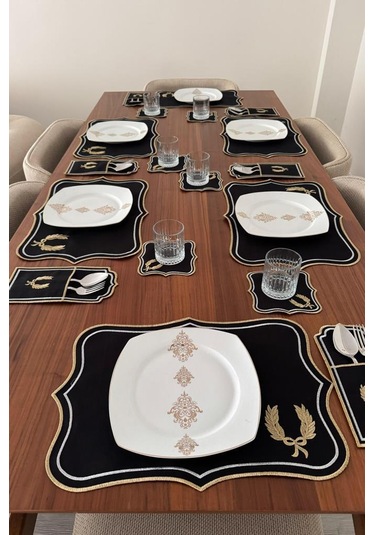 Edalım Keten Nakışlı Amerikan Servis Takımı 19 Parça Siyah Siyah