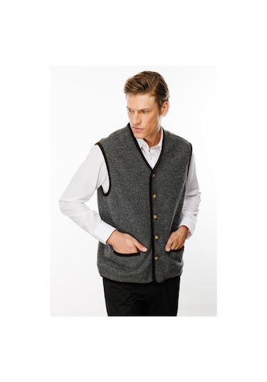 Erkek V Yaka Astarlı Saf Yün Keçe Yelek Füme Füme