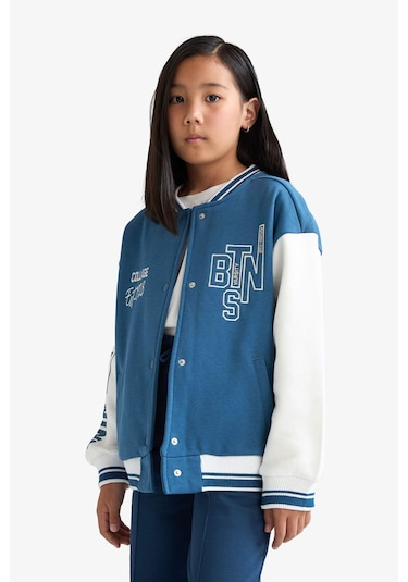 Defacto Kız Çocuk Kolej Yaka Baskılı Kalın Bomber Hırka F1985a825aube376 Mavi