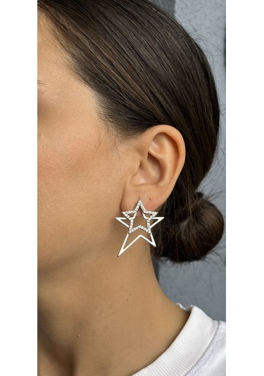 Gümüş Renkli Taşlı İki Yıldızlı Küpe