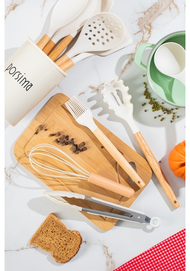 Porsima 3163  Standlı Bambu Silikon 11 Parça Servis Takımı Seti Beyaz