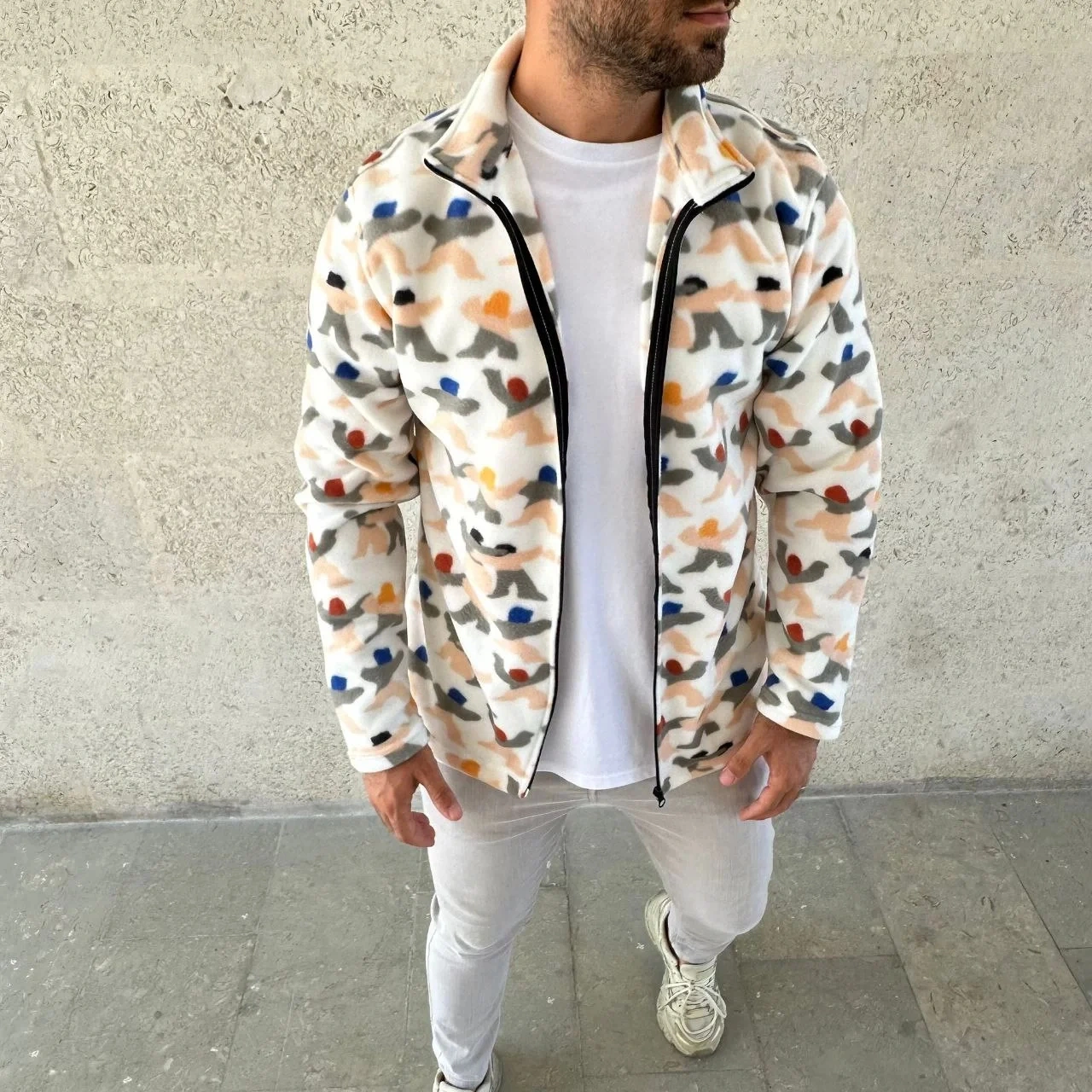 Erkek Tam Fermuarlı Desenli Polar Sweat Siyah Multicolor Figür Desen Yakalı, Uzun Kollu, Oversize Beyaz