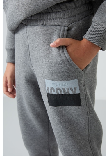 Tommy Life Gri Melanj Pamuklu Kalın İçi Tüylü Yumuşak Dokulu Standart Fit Baskılı Erkek Çocuk Eşofman Takım - Gri Melanj