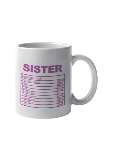 Sister Nutrition Facts Baskılı Kız Kardeş Abla, Arkadaş Hediyelik Kupa Bardak Beyaz-mor