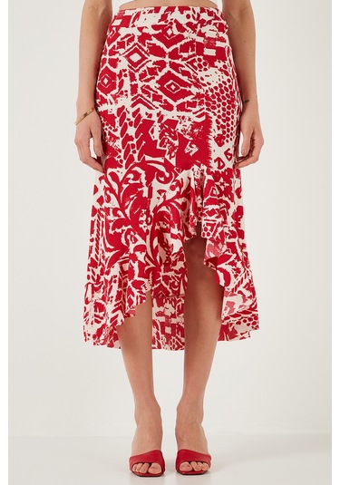 Lela Regular Fit Desenli Yüksek Bel Volanlı Midi Boy Yırtmaçlı Bayan Etek 5869013 Bordo