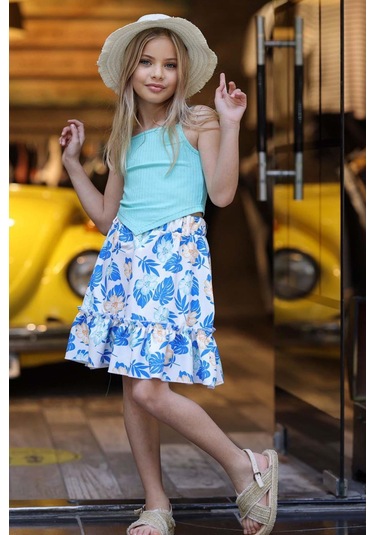 Riccotarz Kız Çocuk Kaşkorse Crop Ve Dijital Baskılı Mavi Etekli Takım 001