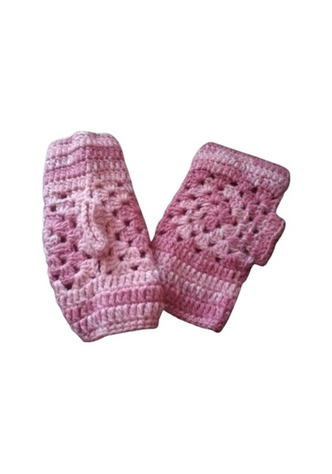 El&Ma El Örgüsü Parmaksız Lastikli Pudra Pembe Motifli Eldiven Pudra