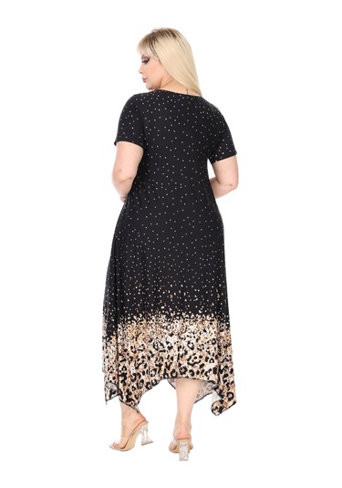 Melsay Butik Siyah Puanlı Eteği Leopar Desen Asimetrik Kısa Kollu Elbise Siyah