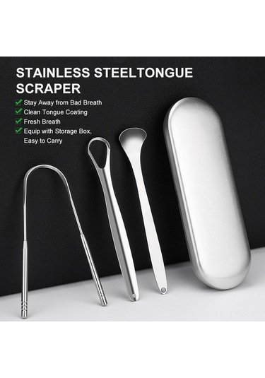 Tenfowee Paslanmaz Çelik Dil Kazıyıcı 3'lü Set - Ağız Kokusunu Önler, Hijyenik Ve Taşınabilir 111 Karakter Gümüş