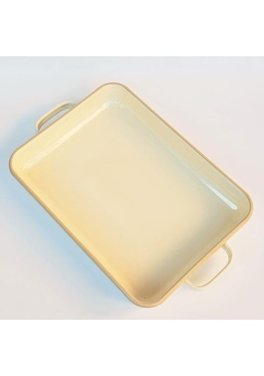 Emaye Kulplu Dikdörtgen Fırın Tepsisi Krem Krem