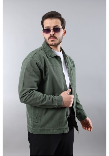 Erkek Regular Fit Haki Spor Model Fermuarlı Kot Ceket Haki