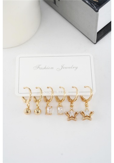 Kadın Zirkon Taşlı Sallantılı Yıldız Figürlü Klipsli 6'lı Küpe Seti Çok Renkli