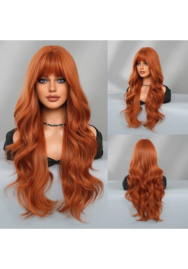 Yeni Turuncu Peruk Patlama Uzun Kıvırcık Saç Düz Patlama Diğer