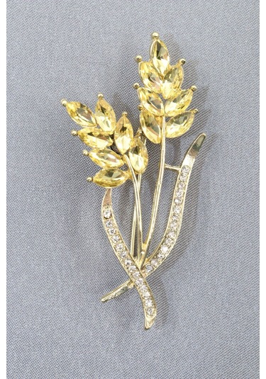 Gold Buğday Başağı Broş. Pırlanta Taşlı Buğday Başaklı Yaka İğnesi Erkek Kadın Broş. Çok Renkli