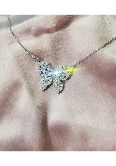 Lunafly 925 Ayar Gümüş Parlak Işıltılı Taşlı Kelebek Kadın Kolye Ort. Gümüş