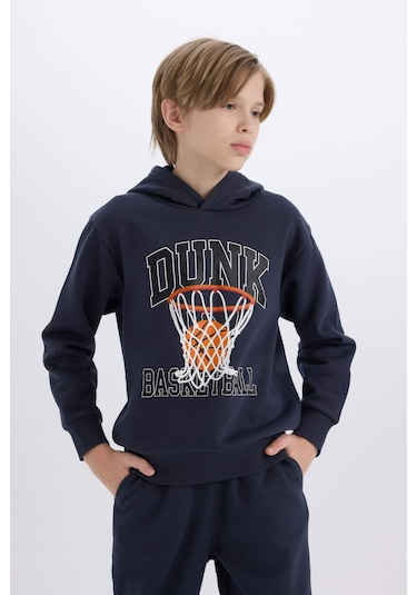 DeFacto Erkek Çocuk 2'li Takım Kapüşonlu Baskılı Sweatshirt Beli Paçası Lastikli Eşofman Altı B0410A824CWAR225