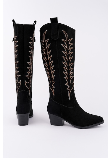 Muggo Texas Sivri Burun Nakışlı Kalın Topuklu Kadın Kovboy Western Çizme Sıyah Suet