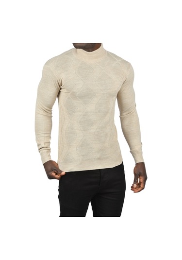 Deepsea Erkek Bej Deepsea Baklava Desenli Slim Fit Yarım Balıkçı Yaka Triko Boğazlı Kazak 2505511 Bej